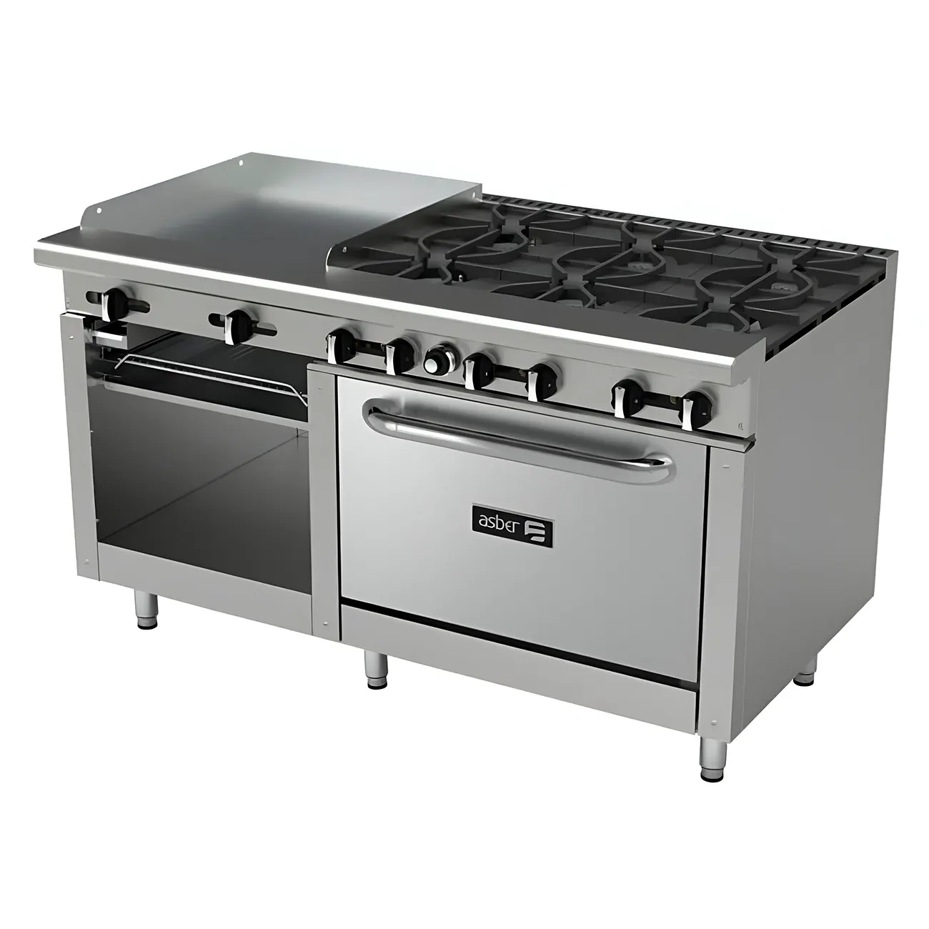 Estufa Industrial 6 Quemadores Plancha 24 PG Gratinador Horno 36 PG ASBER AEMR-G24-B6-60-H